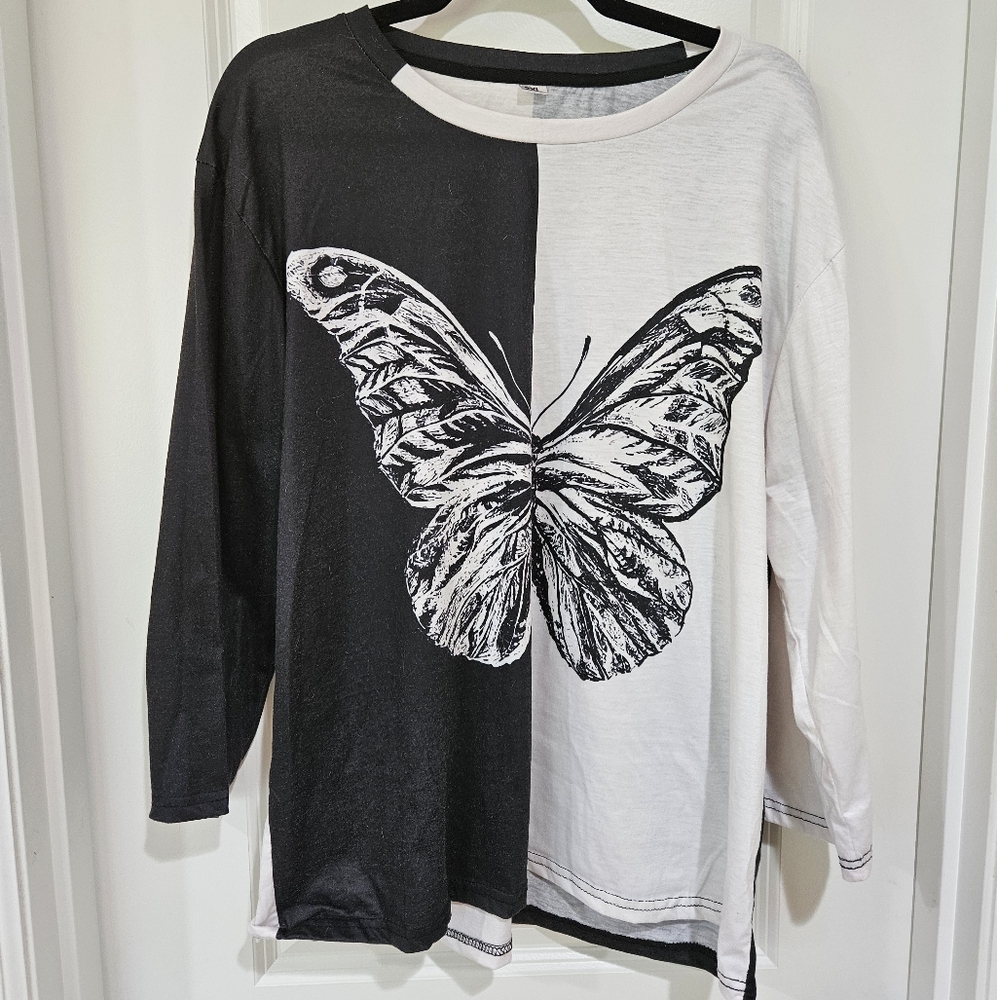Black and White Butterfly Print Women's Top